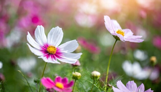 beautiful field of colorful cosmos flower in a meadow in nature in the rays of sunlight in summer in the spring close up of a macro a picturesque colorful artistic image with a soft focus