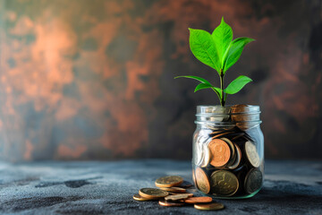 Green Wealth: Plant Rising Amidst Jar of Coins