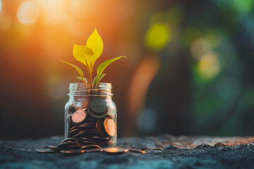 Fiscal Foliage: Green Plant Emerging from Coin Jar - obrazy, fototapety, plakaty