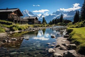Fototapeta na wymiar Alpine huts by the mountain lake., generative IA