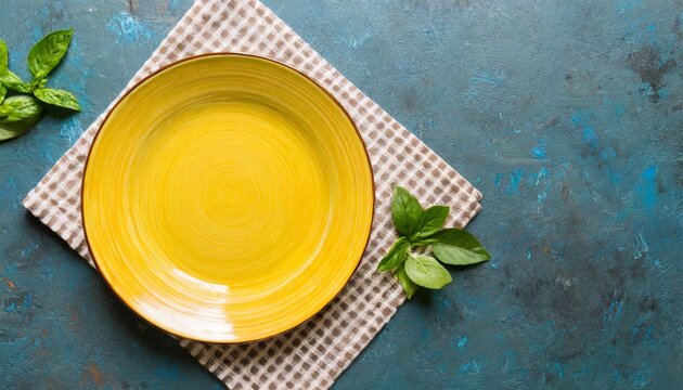 top view on colored background empty round yellow plate on tablecloth for food empty dish on napkin with space for your design