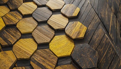dark wood and yellow and black abstract hexagon background 3d rendering illustration