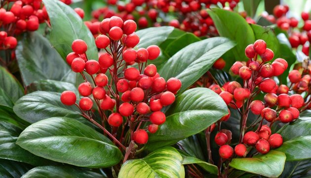 beautiful red skimmia japonica rubella plant with green leaves and red berries floral arrangement with red flowers background christmasplant winterplant out of a dutch greenhouse