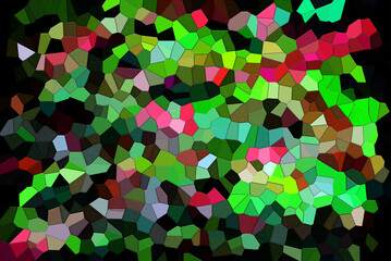 Bright abstract mosaic texture. Geometric colorful shapes touch and create an interesting pattern on a black background. Illustration.