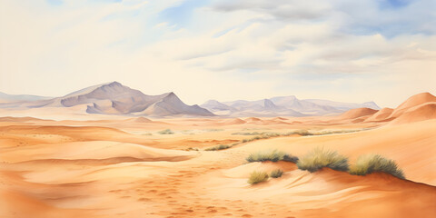 Watercolor illustration of desert sandy landscape with cactuses, mountains and blue sky