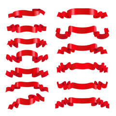 Set of red ribbons in vintage style, decorative design elements, vector illustration