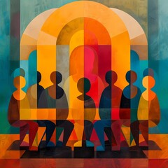 Colorful Abstract Art of People Gathering with Geometric Shapes