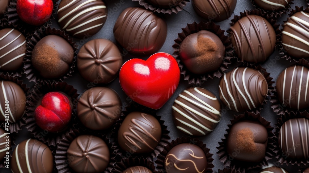 Poster a bunch of chocolates with a red heart in the middle of one of the chocolates is on the other side o