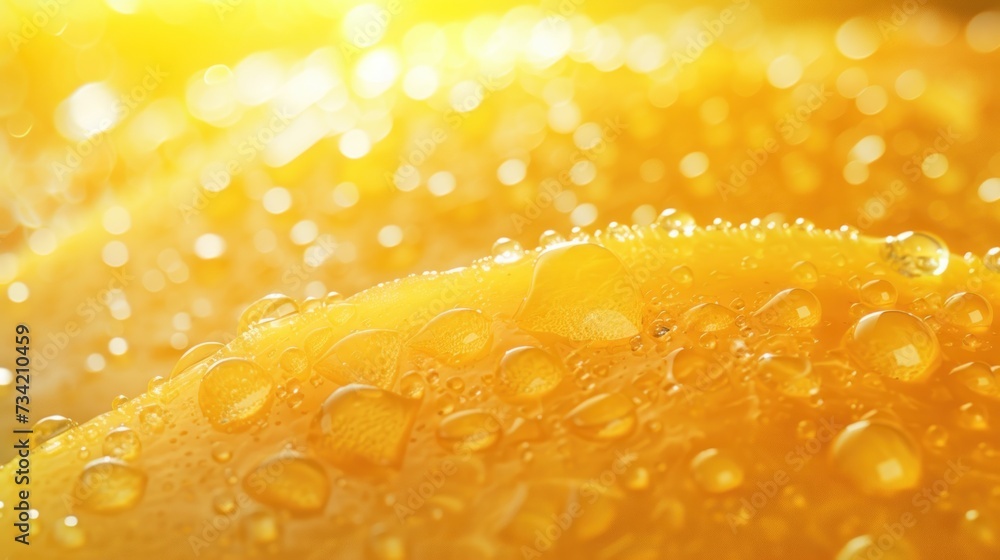 Poster a close up of a slice of lemon with water drops on it and the sun shining in the backgrouds of the i