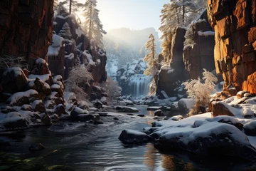Rolgordijnen Frozen waterfall in the winter mountains., generative IA © JONATAS