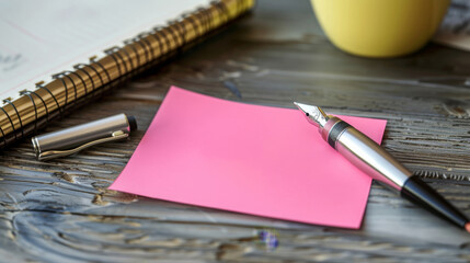 Blank pink sticky notes next to elegant writing instruments on dark wooden surfaces.