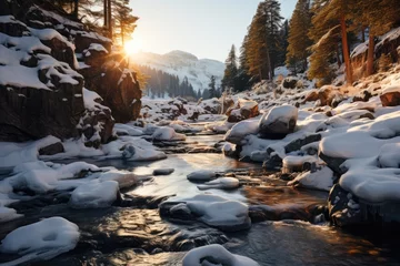 Fototapete Frozen waterfall in the winter mountains., generative IA © JONATAS