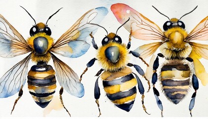 set of watercolor bees on the white background