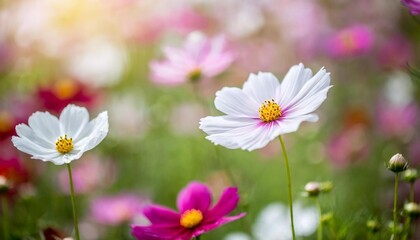 beautiful field of colorful cosmos flower in a meadow in nature in the rays of sunlight in summer in the spring close up of a macro a picturesque colorful artistic image with a soft focus