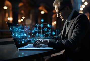 a man in a suit typing on a laptop - Powered by Adobe