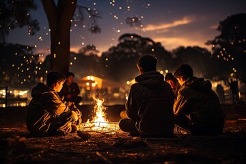 Boy Scouts share stories under Orion stars by the fire., generative IA - obrazy, fototapety, plakaty