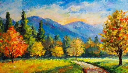 oil painting landscape colorful trees hand painted impressionist outdoor landscape - obrazy, fototapety, plakaty