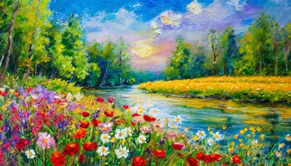 oil painting landscape river in the forest colorful fields of flowers