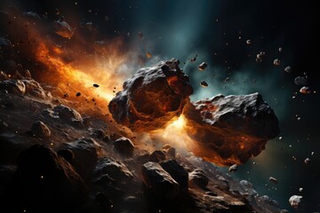 Ships exploring asteroid in stellar scenario., generative IA - obrazy, fototapety, plakaty