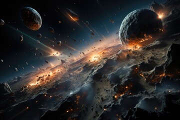 Ships exploring asteroid in stellar scenario., generative IA
