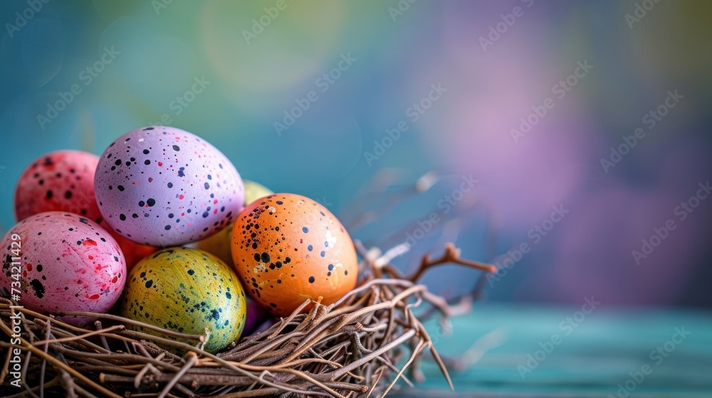Poster a close up of a nest of eggs with speckled eggs on a blue and green background with a blurry backgro