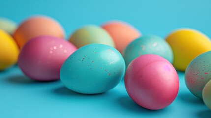 Obraz na płótnie Canvas a row of pastel colored eggs on a light blue background with speckles of pink, blue, yellow, and green on the top of the row is a row of pastel colored eggs.