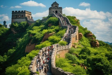 Tourists explore China's great wall under the sun., generative IA