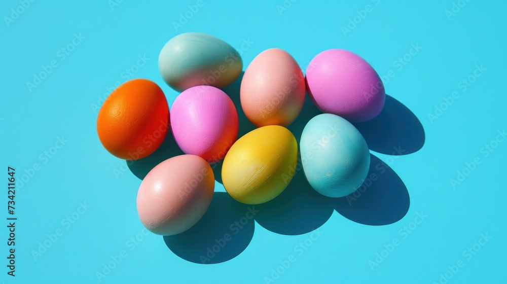 Poster  a pile of colored eggs sitting on top of a blue surface with one of the eggs in the middle of the group and the rest of the eggs in the same row.