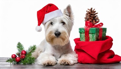 sitting highland terrier dog wearing a santa hat for christmas isolated on white background as transparent png