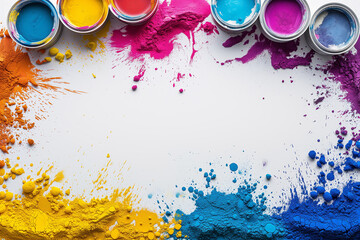 White paper with holi colors frame on a white background with empty space for text