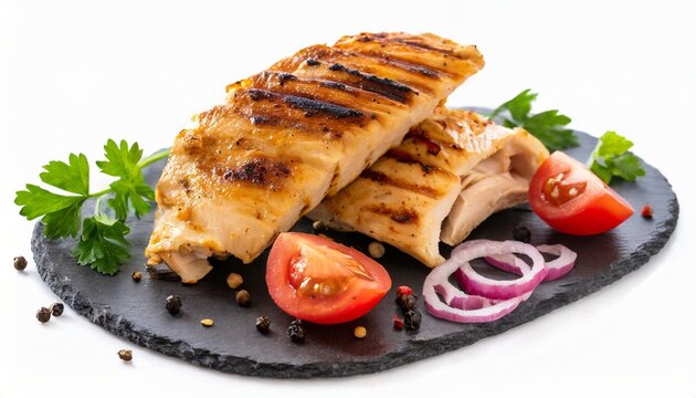 grilled chicken slices chopped meat for doner kebab isolated on white background