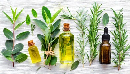 essential oil and mix of herbs green branches leaves eucalyptus aloe vera rosemary thyme on white background set of medicinal herbs flat lay top view
