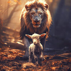 Lion and lamb in the forest © Kevin Carden
