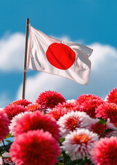 Japanese flag and symbol of Japan chrysanthemums, red circle, white, country, national, traditional, flowers, culture, oriental art, East, nature, blossom, illustration