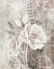 Tło, tapeta motyw kwiatowy i gazetowy kolaż w podwójnej ekspozycji. Generative AI