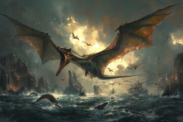 Pterosaur dominates the stormy prehistoric sky, its vast wingspan casting shadows over the tumultuous sea below, where marine reptiles lurk just beneath the waves