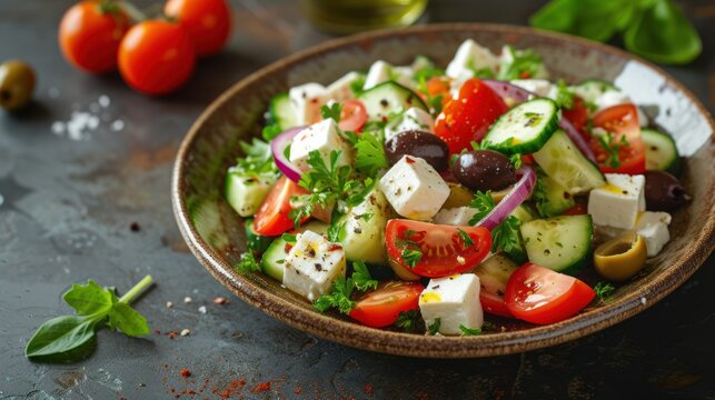  a salad with cucumbers, tomatoes, olives, and feta cheese in a brown bowl on a black surface next to fresh basil leaves and tomatoes.