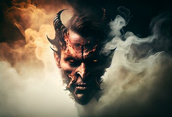 Horror hell with devil and demons with clouds and smoke, with concept art. Religious concept illustration, strong color. Generative AI - obrazy, fototapety, plakaty