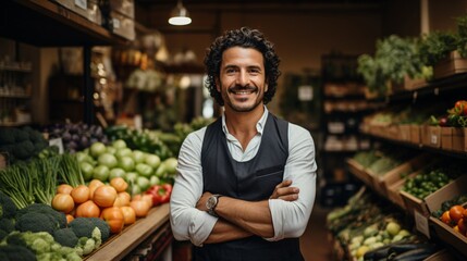a man standing in a grocery store with his arms crossed - obrazy, fototapety, plakaty