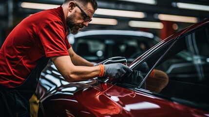 a man in a red shirt and glasses working on a car