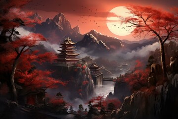 Enchanting Oriental lanscape. Japan art sky. Generate Ai