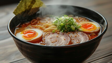  a close up of a bowl of ramen with an egg on top of the ramen, and an egg on top of the ramen in the ramen.