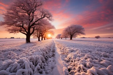 Magic sunset over snowfield., generative IA