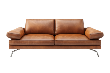 Brown leather sofa isolated on transparent background, front view. Modern couch for living room interior. Interior furniture