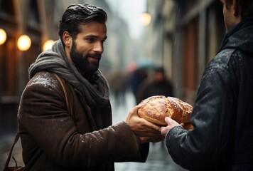 a man holding a loaf of bread
