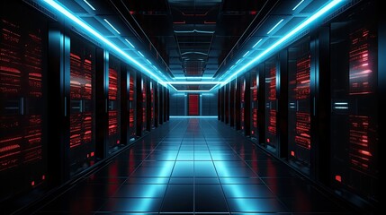 Fototapeta premium Server room in a modern office of a technology company. Development of a quantum computer. The concept of science, technology, big data and blockchain.