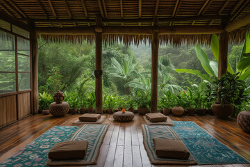 Fototapeta premium Yoga retreat, a place where people do yoga and meditate in tropics