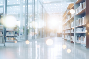 Bokeh-style background featuring a modern library scene glimpsed through glass doors. This captivating image offers a glimpse into the serene and sophisticated atmosphere of a contemporary library