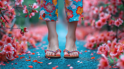 woman's feet in Japanese geta shoes, pink sakura flowers on the ground, spring, traditional shoes, national clothing, oriental style, Japan, sandals, flip-flops, girl, foot, legs - obrazy, fototapety, plakaty