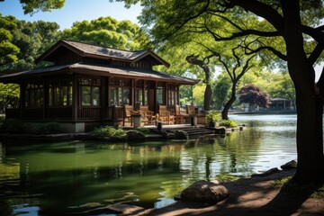 Quiet urban park with skyscrapers in the background., generative IA